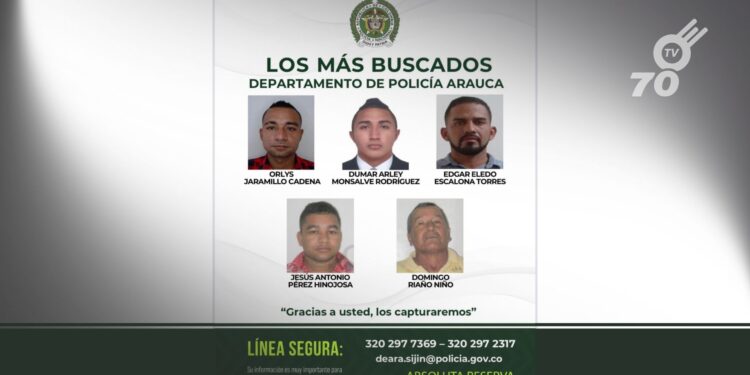 La Policía de Arauca divulgó la lista de los cinco presuntos delincuentes más buscados. Se pide colaboración ciudadana para su captura.